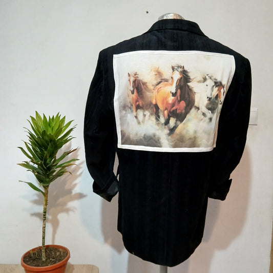 Oversized sport jacket with wild horses tableau patch