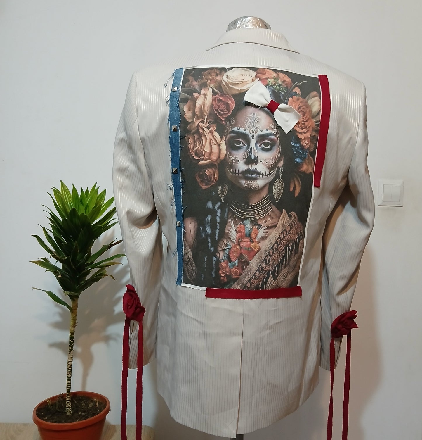 Oversized suit jacket with Dia de las muertos tableau patch