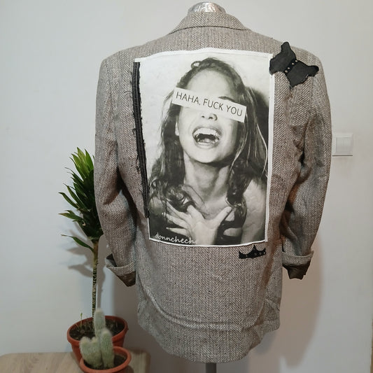 Oversize blazer - "ha ha, fuck you" & butterfly tableau patch