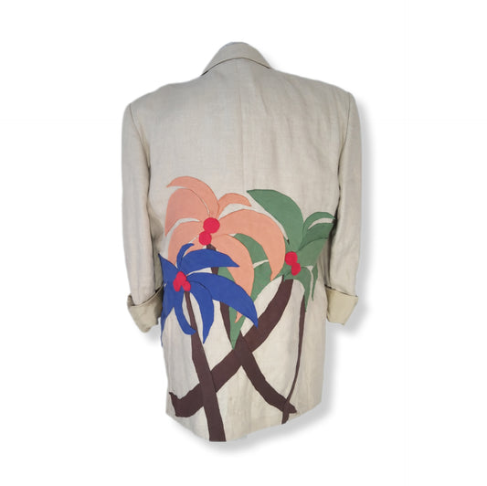 Linen patch blazer with PALMS theme