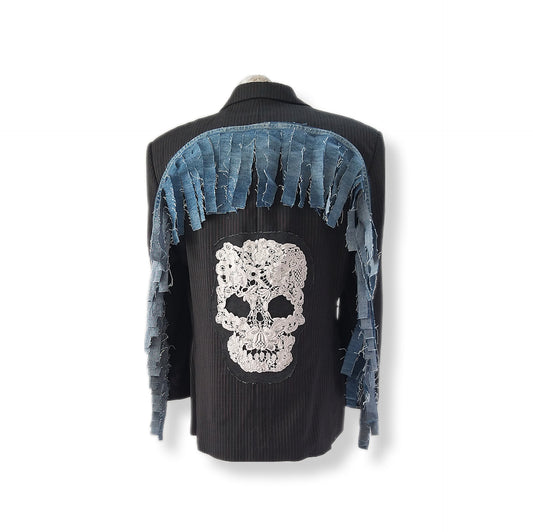 Single breasted over the top style wool blazer with fringe and vintage skull patches theme