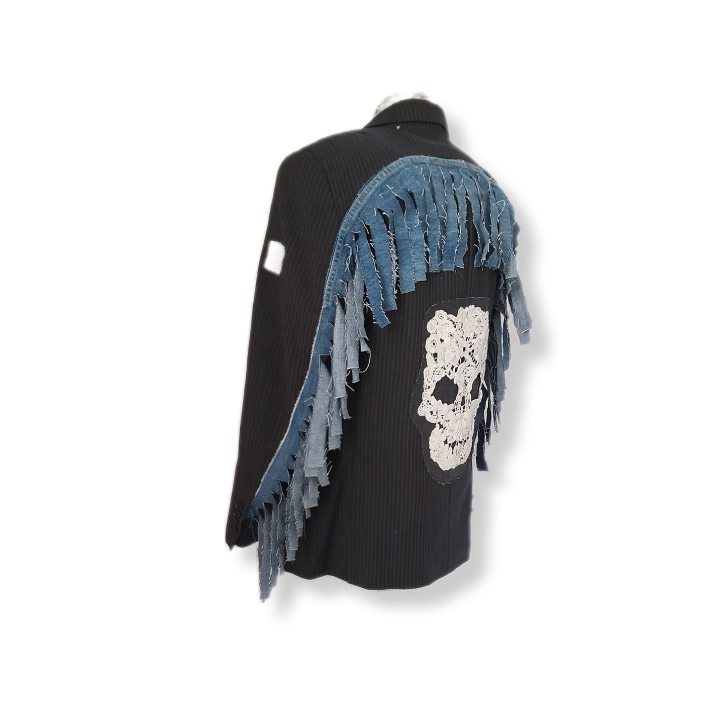 Single breasted over the top style wool blazer with fringe and vintage skull patches theme