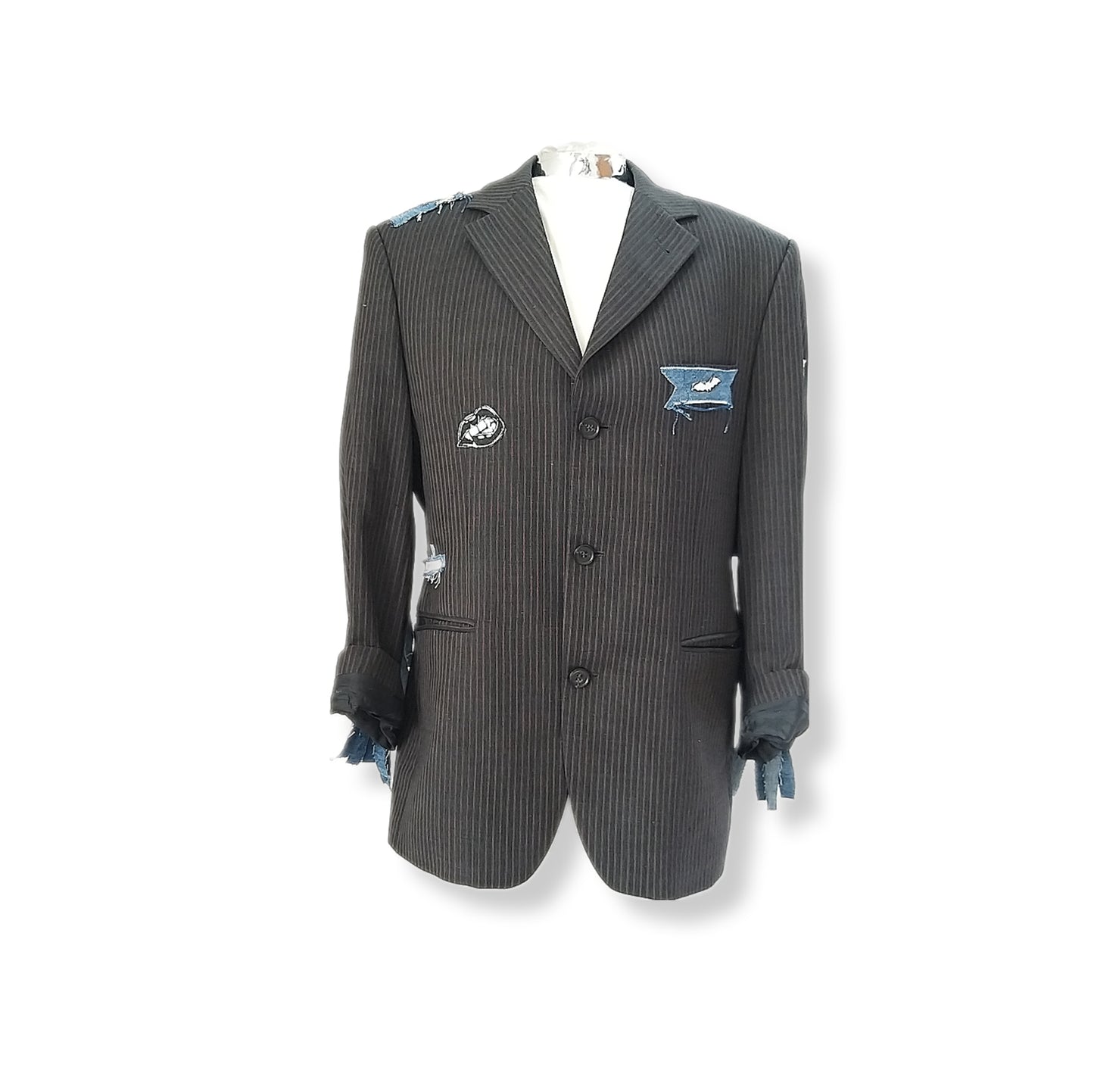 Single breasted over the top style wool blazer with fringe and vintage skull patches theme