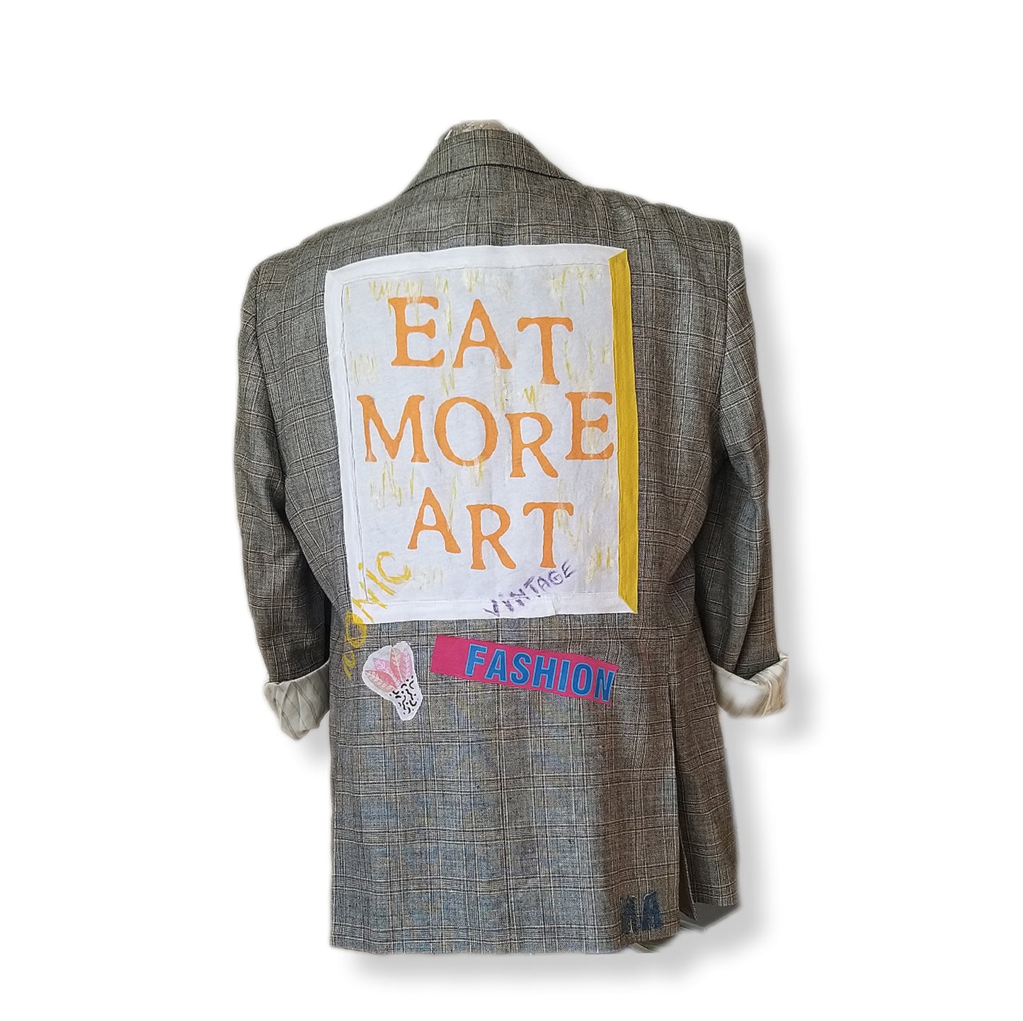 Single breasted pre-owned wool blazer suitable for oversized style with EAT MORE ART theme