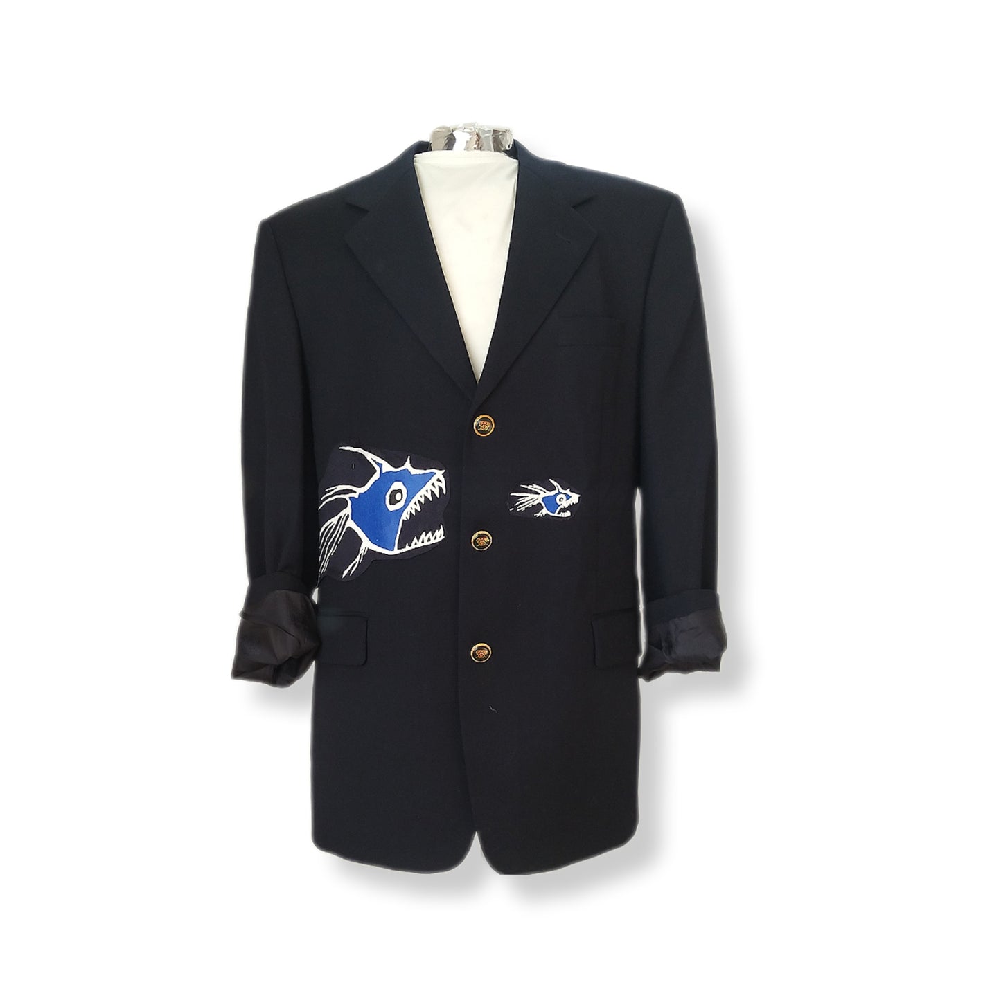 Pre-owned wool navy blazer with "BIG FISH EAT THE SMALL FISH" theme