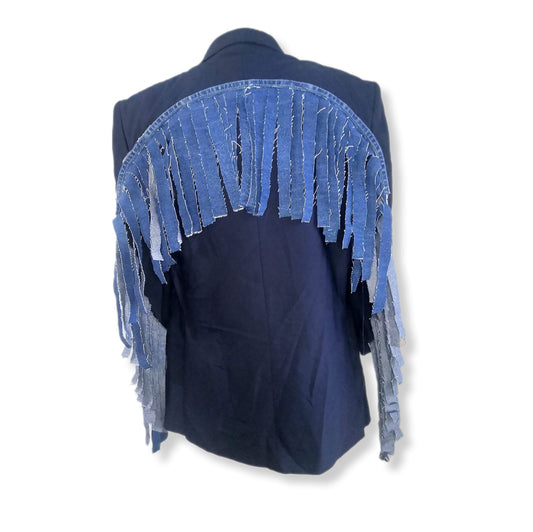 Pre-pwned fringed blazer with COWBOY theme