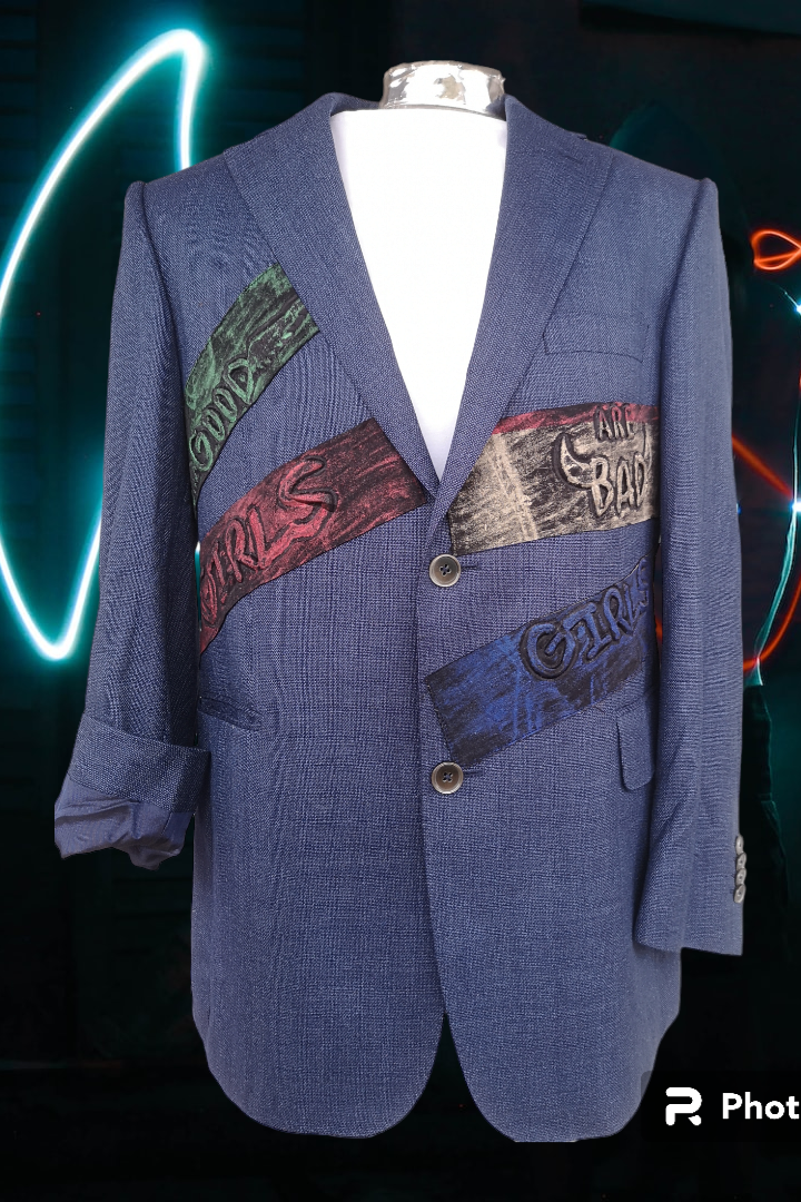 Vintage wool blazer with " GOOD AND EVIL, THE ANGEL AND DEVIL ON THE SHOULDERS SCENARIO" theme