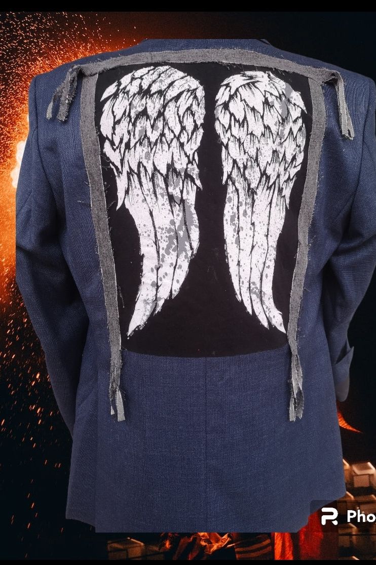 Vintage wool blazer with " GOOD AND EVIL, THE ANGEL AND DEVIL ON THE SHOULDERS SCENARIO" theme